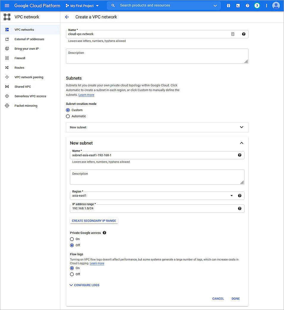 Screenshot of the VPC network settings in Google Cloud